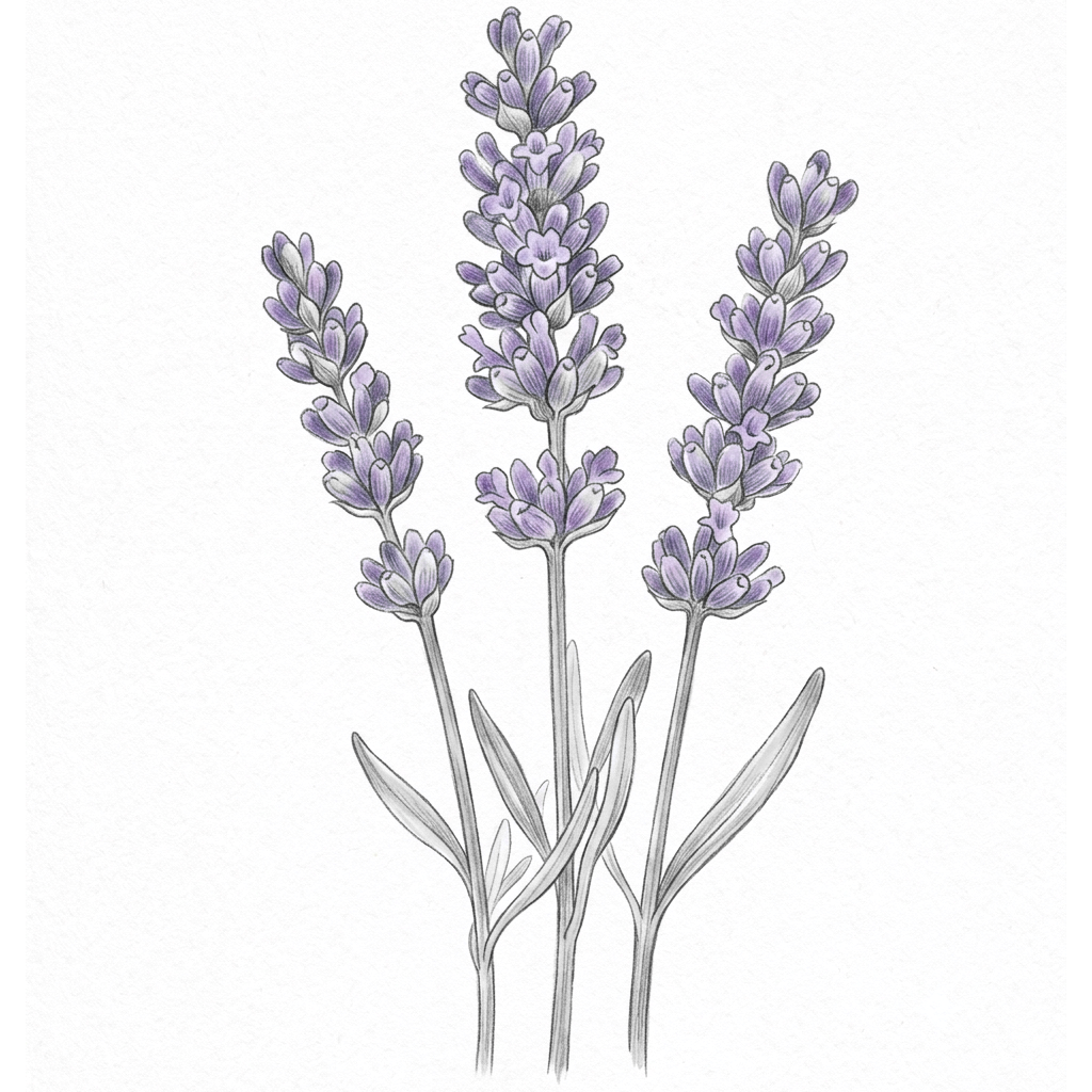 Line illustration of three lavender stems with tapering spikes of purple flowers