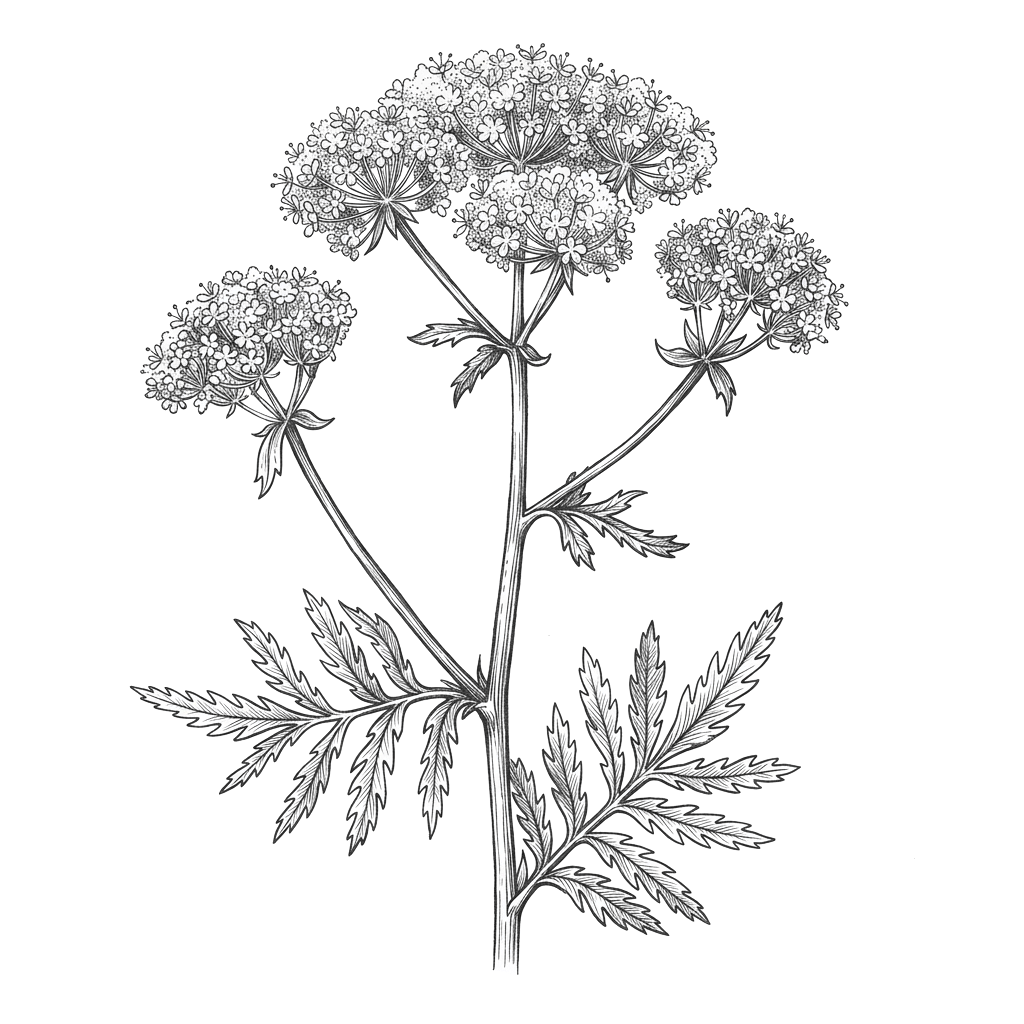 Line illustration of a herb bearing flat clusters of small flowers above finely divided leaves