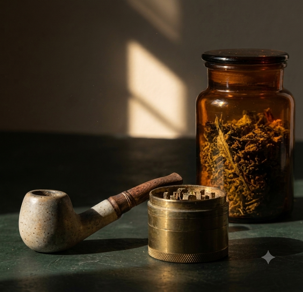 A ceramic pipe and a brass grinder on a dark stone surface beside an amber apothecary jar of dried herb, lit by low window light